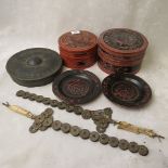 Two Japanese coin swords, oriental gong, two Persian caskets and two lacquer dishes