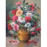 Demeston - a contemporary gilt framed oil on canvas, still life vase of flowers, signed, 10 x 14