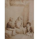 J Baptiste 1850 - a framed watercolour Noir, depicting three country boys in a barn, 7 x 6