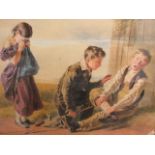 W Hunt 1836 - a framed and glazed watercolour of two young boys and a girl, signed and dated, 14 x