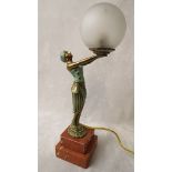 A 1930s cast metal figural table lamp in the form of a gypsy girl with painted highlights, holding a