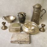 A group of white metal and silver plated items to include an Asian coffee pot inscribed 'Officers