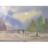 Susan M Atkinson - a contemporary framed and glazed painting, winter landscape, children playing