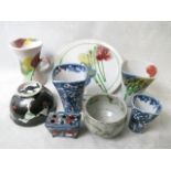 A group of Janice Tchalenko Dartington studio pottery bowl and vases to include those decorated in