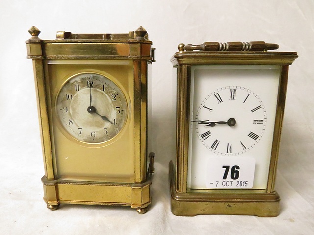 Two early 20th century French brass carriage clocks, one with a white enamel dial