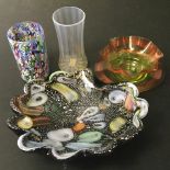 Glassware to include a finger bowl and plate in uranium green with salmon pink machine threading,