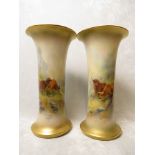 H Stinton - a pair of Royal Worcester porcelain trumpet formed vase depicting highland cattle,