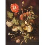 In the manner of Simon Verelst, still life, glass bowl of flowers with insects, oil on canvas,