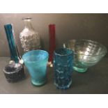 A selection of Whitefriars glass to include a blue cloudy glass vase of waisted form, a wave pattern