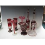 Two red flashed Decanters and Stoppers (1 Stopper A/F), pair of cylindrical Vases, bell shaped Vase,