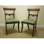 A set of six Regency mahogany Dining Chairs with scroll carved central splats, green dralon