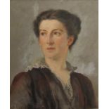 ARTHUR BENTLEY CONNOR. Portrait of a Lady, quarter-length, wearing a brown lace-trimmed blouse,