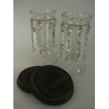 Pair Victorian clear glass Lustres with faceted droppers and wooden stands, 11 1/2in