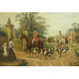 W. PLUMSTEAD. A Hunting scene with Hounds and Huntsman entering a country Estate, signed, oil on