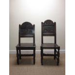 Six 17th Century Lancashire panel back Chairs with arched tops above floral and leafage carving,