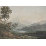 *FOLLOWER OF GEORGE FENNEL ROBSON. An extensive river landscape with distant Mountains, watercolour,
