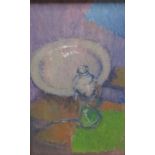 *J.S(?) A Still Life of a  pear, bottle and plate on a table, indistinctly inscribed on the reverse,