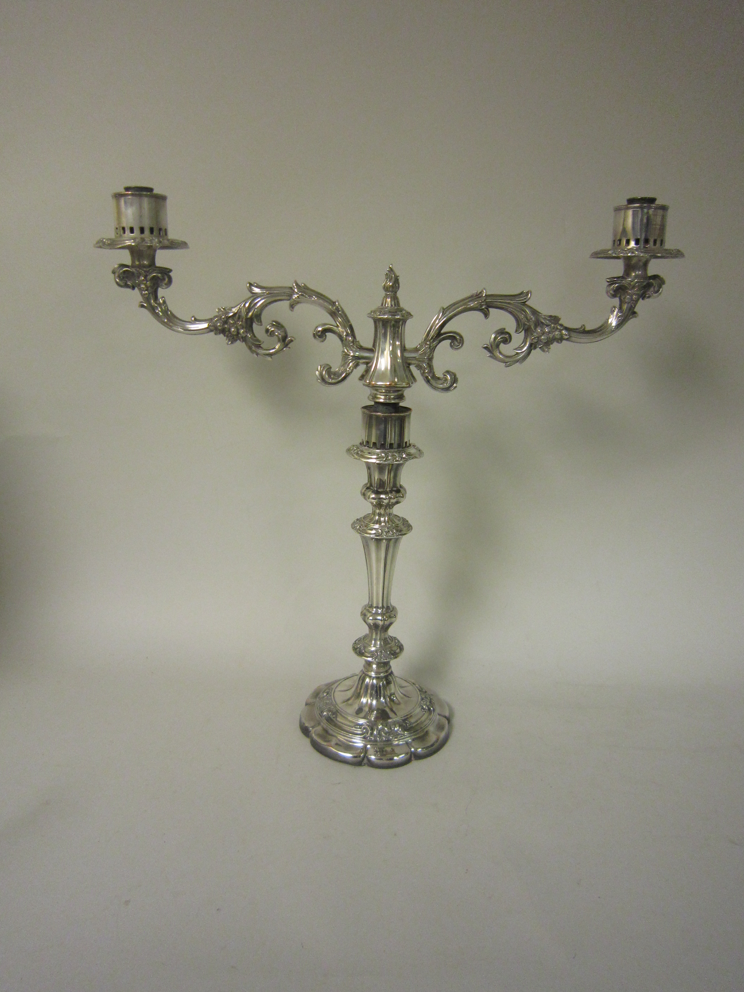 Pair of 19th Century plated Candelabra with floral and leafage scroll branches, tapering columns - Image 2 of 2