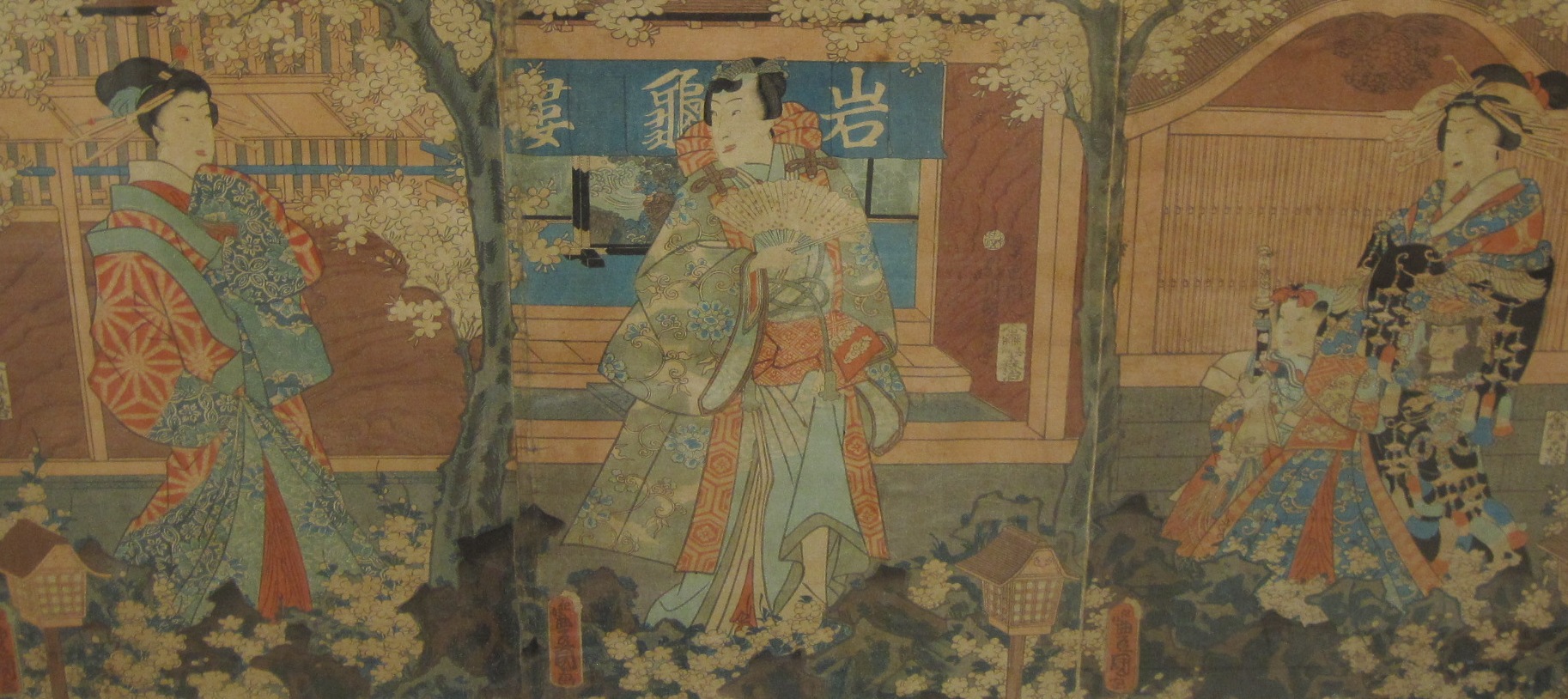 JAPANESE SCHOOL, 19TH CENTURY.  Female Figures on Terraces, colour woodblock print, triptych, 13 x