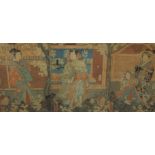 JAPANESE SCHOOL, 19TH CENTURY.  Female Figures on Terraces, colour woodblock print, triptych, 13 x