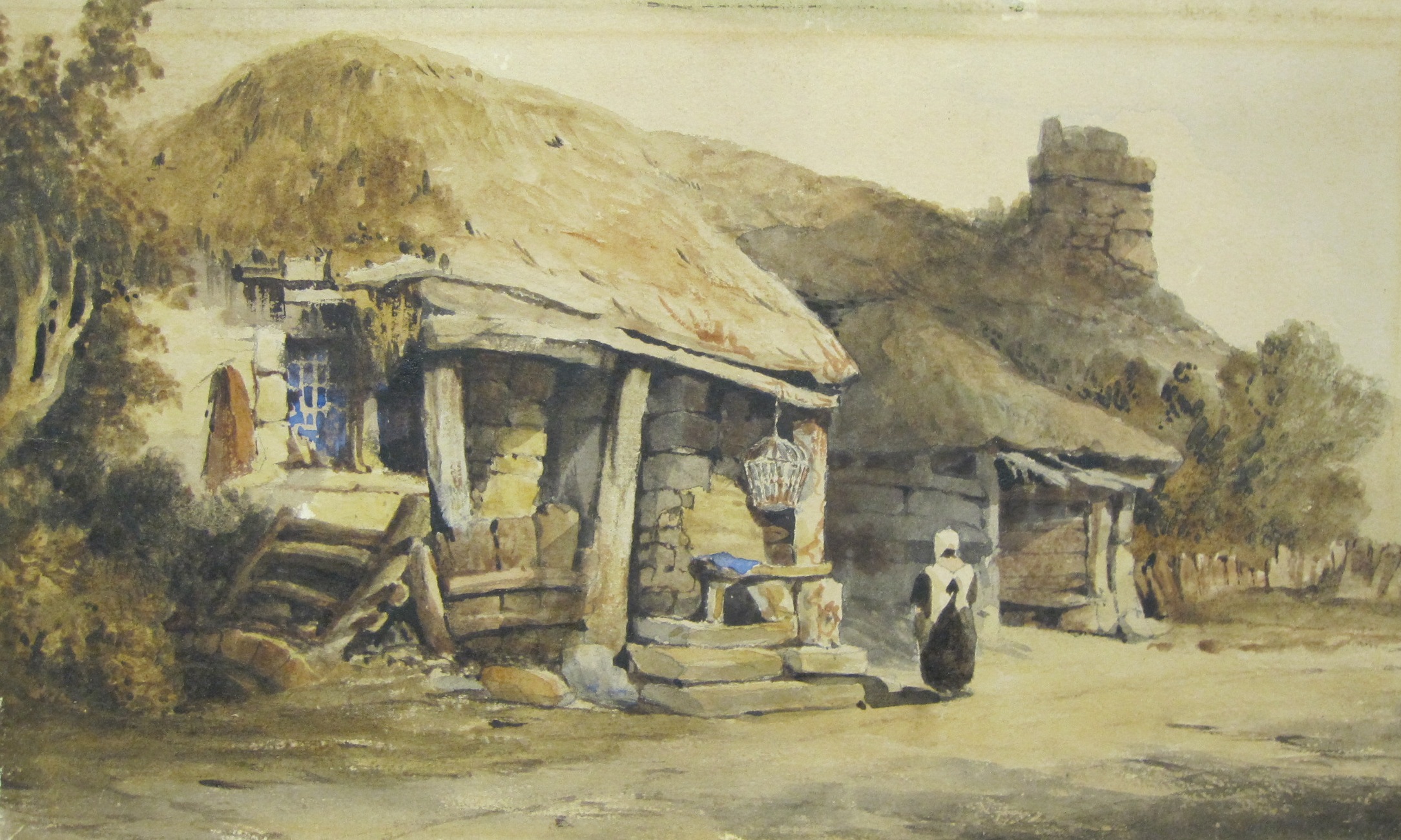 *FOLLOWER OF WILLIAM MULLER. A Figure on a Track by a Cottage, watercolour, unframed, 8 1/4 x 13 in