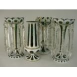 Pair green glass Lustres with white and gilt decoration, 9 1/2in (one repaired) with matching Vase