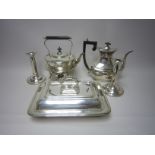 Plated Items: Entree Dish and Cover, pair of Candlesticks, Tea Kettle on Stand, Teapot, Coffee