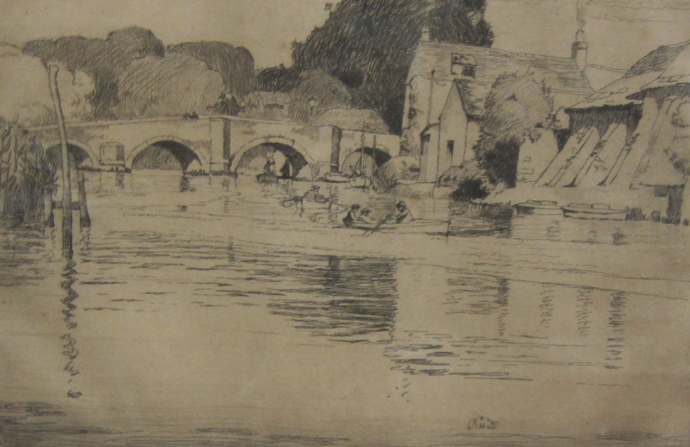 LESLIE MOFFAT WARD. Wareham Bridge, etching, pencil signed and inscribed in the lower margin, 6 x