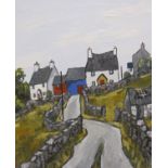 DAVID BARNES. Road by village buildings, signed on the reverse, oil on canvas board, 20 x 16 in