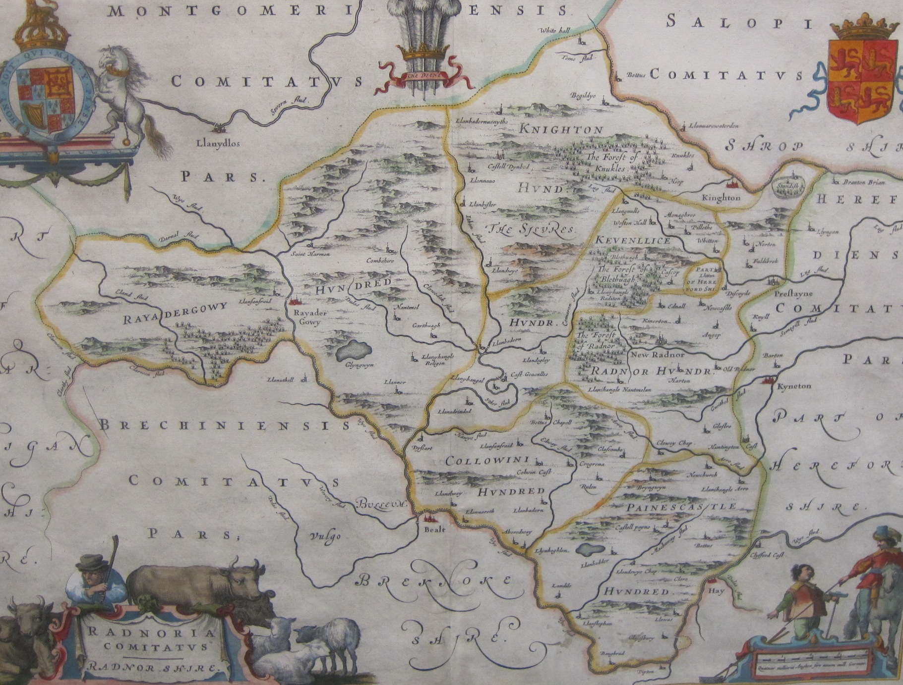 JOANNES BLAEU. ‘Radnoria Comitatus’, 1663, copper engraved map, hand-coloured, 15 x 19 1/2 in