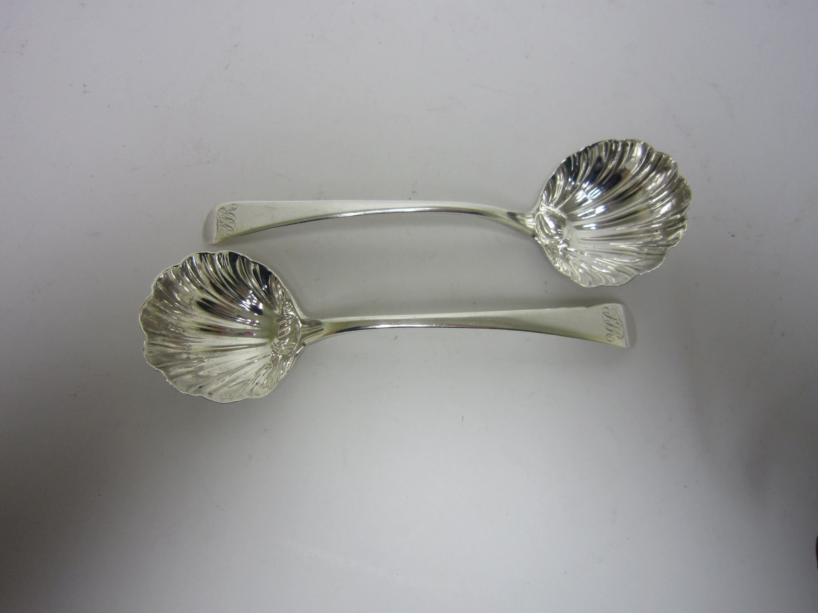Pair of George III silver Sauce Ladles old english pattern engraved initials, shell bowls, London - Image 2 of 3