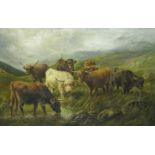 SAMUEL J CLARK. Highland cattle on a Moorland, signed, oil on canvas, 20 1/2 x 30 in