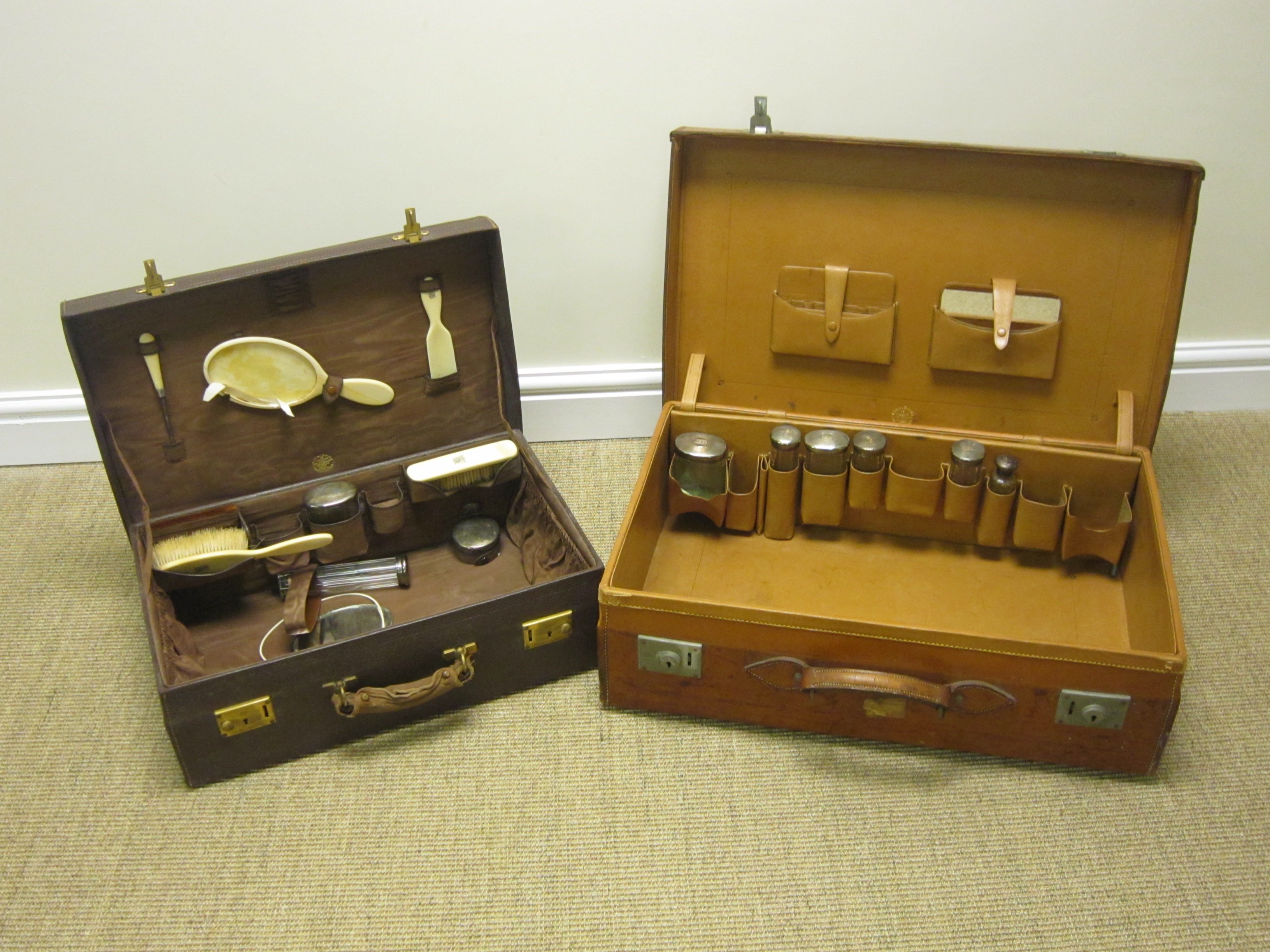 Two leather Travelling Cases, both with part sets of silver mounted fittings - Image 2 of 2