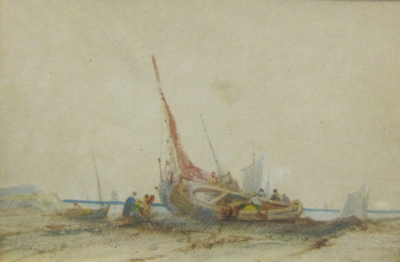 F. FRANTZ. A shore view with fisherfolk by a beached boat at low tide, signed, watercolour, 6 1/2