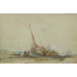 F. FRANTZ. A shore view with fisherfolk by a beached boat at low tide, signed, watercolour, 6 1/2