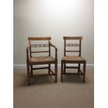 Five 19th Century country fruitwood Dining Chairs with horizontal rail backs, rush drop-in seats