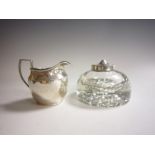 An Edward VII silver lidded circular cut glass Inkwell, London 1902, and a Milk Jug, Birmingham