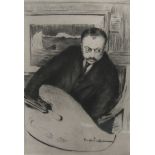 ALLAN OSTERLIND. Portrait of the artist Maxime Maufre holding a palette board, standing in front
