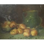 CONTINENTAL SCHOOL. A Still Life of Onions and green Jug, indistinctly signed, oil on canvas, 11 1/2