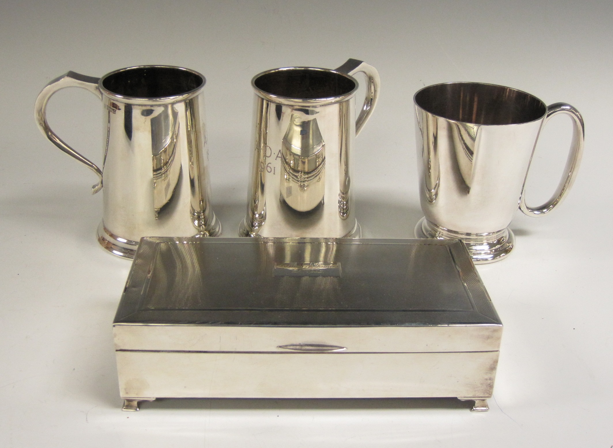 Pair of silver Tankards engraved initials Birmingham 1960, a silver Cigarette Box with inscription