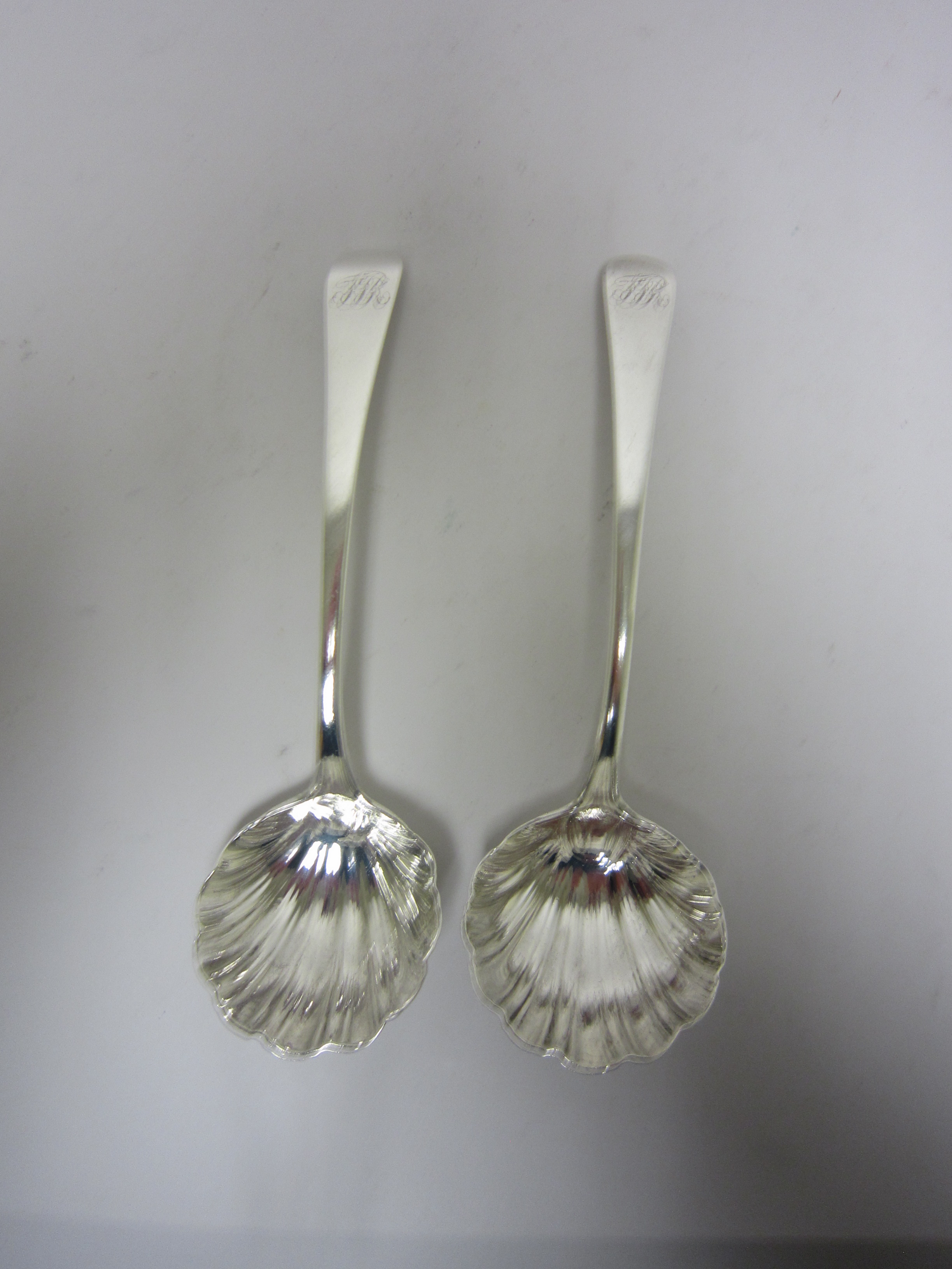 Pair of George III silver Sauce Ladles old english pattern engraved initials, shell bowls, London