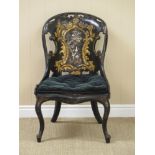 A Victorian papier mache Occasional Chair with mother of pearl inlay and gilt chinoiserie back,