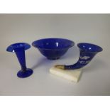 A Nailsea blue glass Bowl with rubbed gilt fruiting vine decoration, 12in D, a Cornucopia Vase