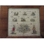 A wool embroidered pictorial Sampler with a church, castles, tree, gardener and woman. Original