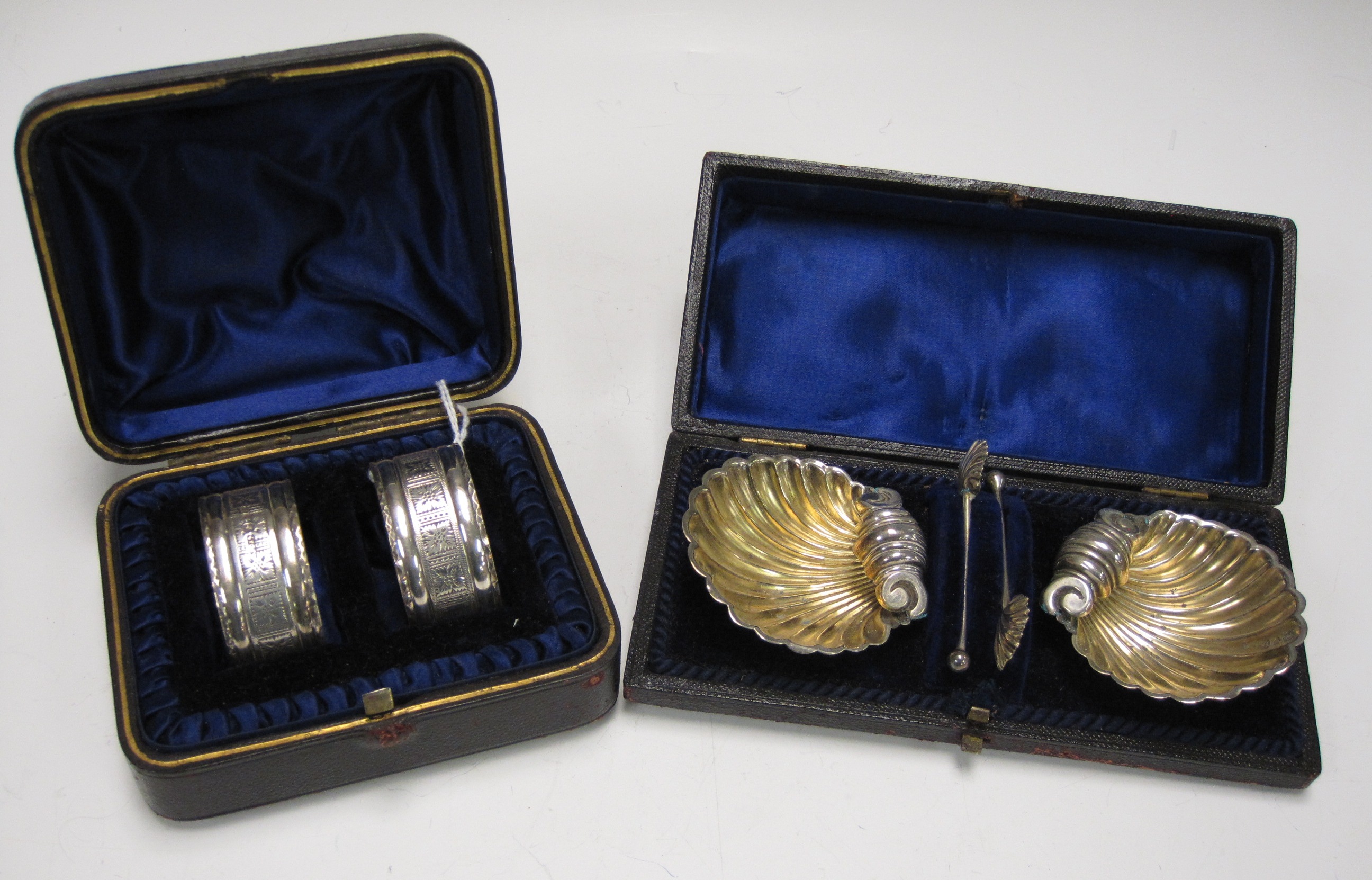 A pair of Victorian silver Shell Salts with matching spoons, London 1894, cased, and a matched - Image 2 of 2