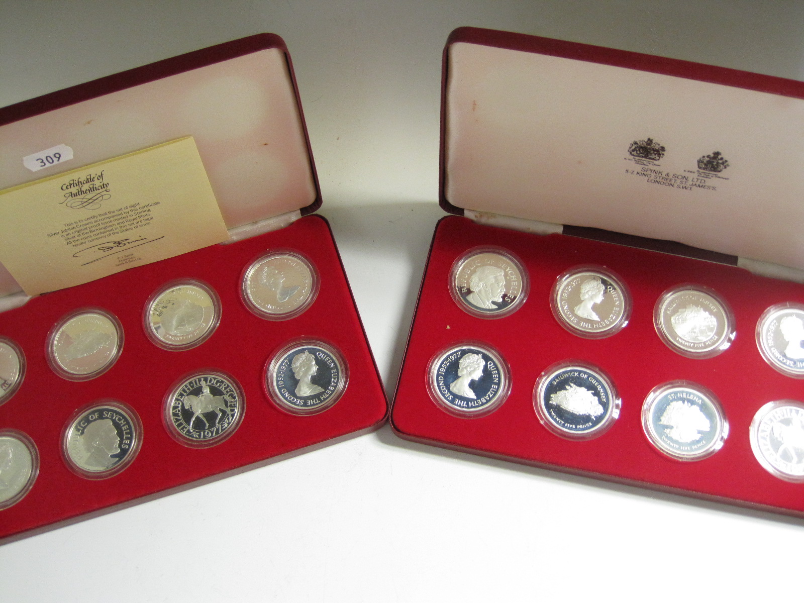 Two sets of 1977 silver proof British and Commonwealth Crowns, to comemorate the Queens Jubilee,