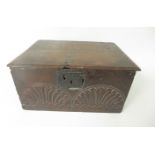 A 17th Century oak Bible Box with lunette carved front and iron lockplate, 20in, and a small