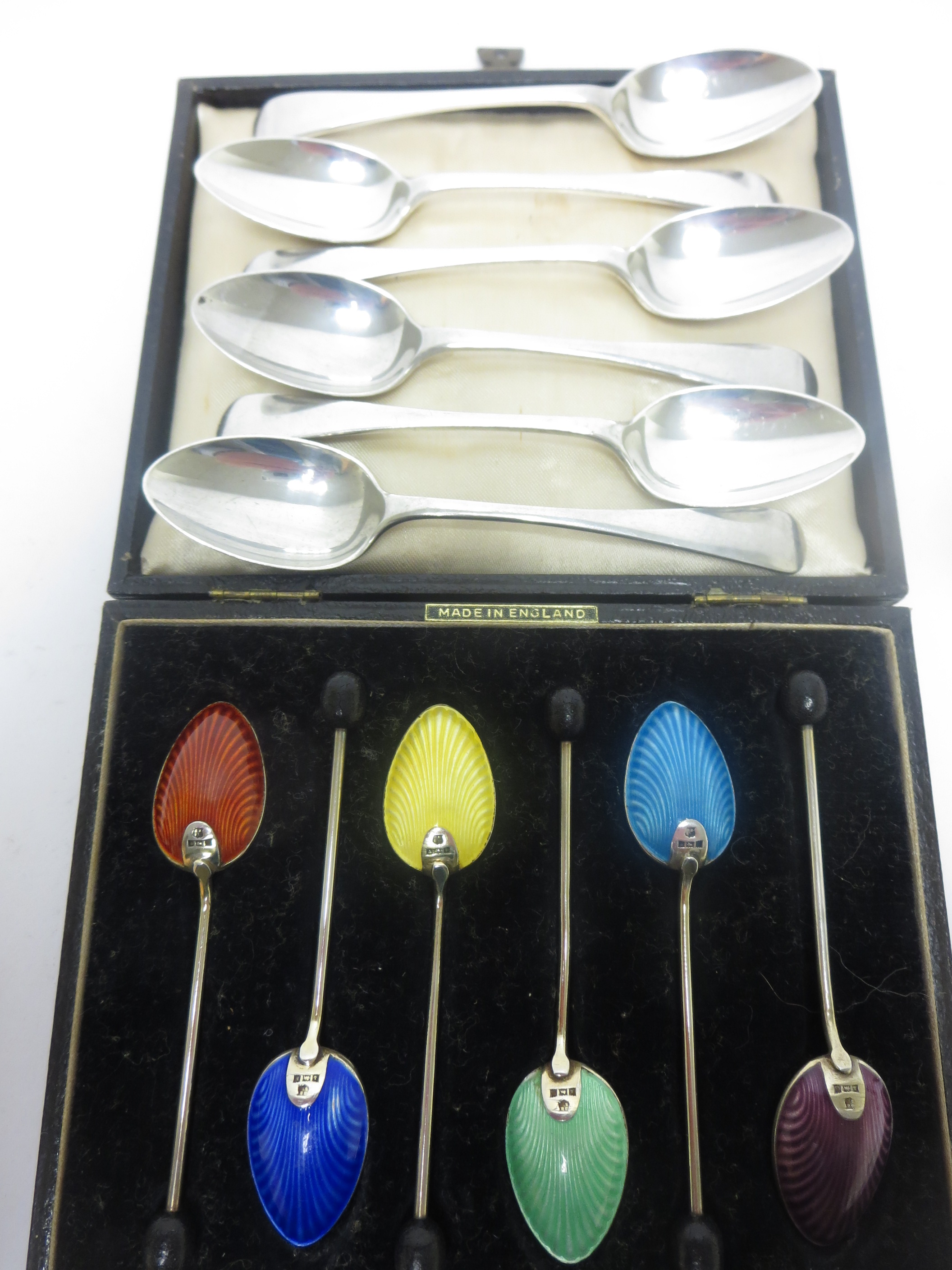 Six George VI silver and coloured enamel Coffee Spoons with bead stems, Birmingham 1951, in case and - Image 2 of 2