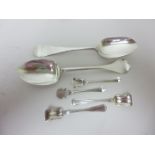 Two pairs of Georgian silver Salt Shovels and two Table Spoons with rat tail bowls, one by RE, the