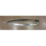 A 19th Century brass hilted Indian Tulwar with 31 inch curved blade and leather scabbard